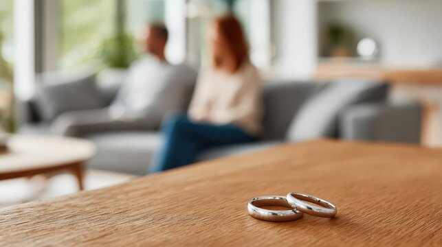 Two wedding rings rest on a wooden table, symbolizing separation. A distant couple blurred in the background conveys emotional conflict and relationship break-up.
