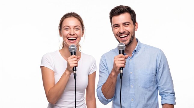 Laughing man and woman singing karaoke with microphones on white background