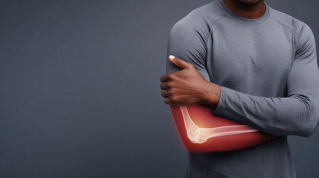 Athletic man clutches his elbow in pain with a medical x-ray highlighting inflammation. Depicts muscle tension and joint injury, emphasizing sports healthcare concerns.