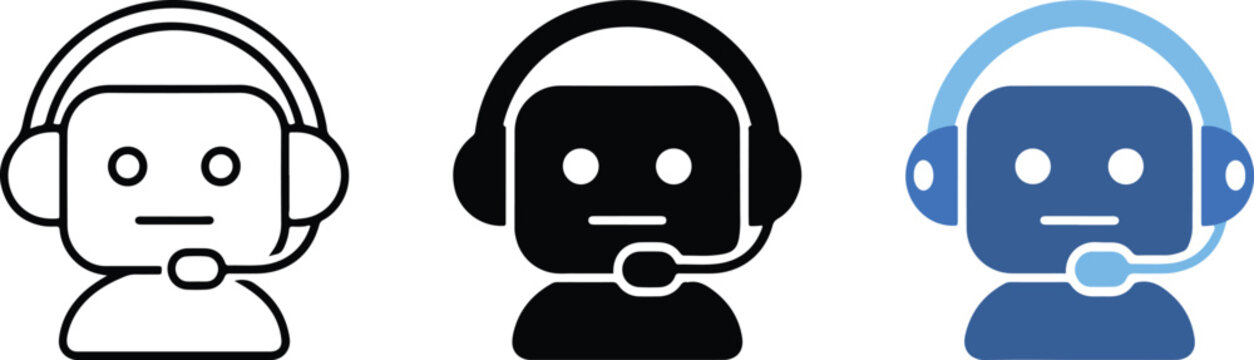 Customer support headset icon set, call center agent, chatbot assistant, online help service, technical support, vector illustration .