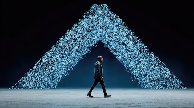 A person walks toward an upward arrow made of glowing digital particles. This cinematic tech scene radiates ambition, growth, and futuristic achievement.