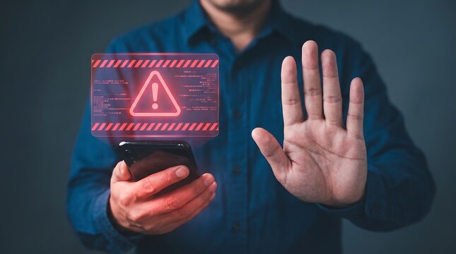 Man holding smartphone displaying red digital warning icon representing cyber security threat while showing stop gesture with hand to symbolize data protection