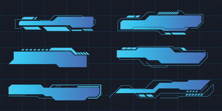 Futuristic gradient HUD lower thirds set with tech UI callout banners. Vector illustration of abstract digital cyber title box collection, modern gaming information display interface grid template.