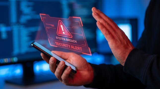 Cyber security expert holding smartphone with glowing red system breach warning while signaling stop gesture to prevent unauthorized digital intrusion into secure network