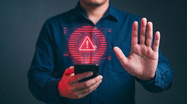 Professional holding phone with glowing red warning symbol and gesturing stop to symbolize active defense against cyber threats and unauthorized network penetration