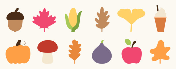 Cute minimalist autumn flat icon set funny fall leaves pumpkin acorn mushroom and apple collection vector illustration pack © Igor