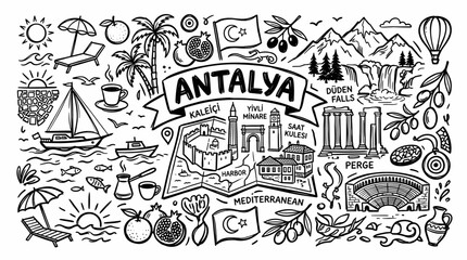 Fototapeta premium Antalya Turkey Travel Cityscape in Hand Drawn Doodle Line Art Style