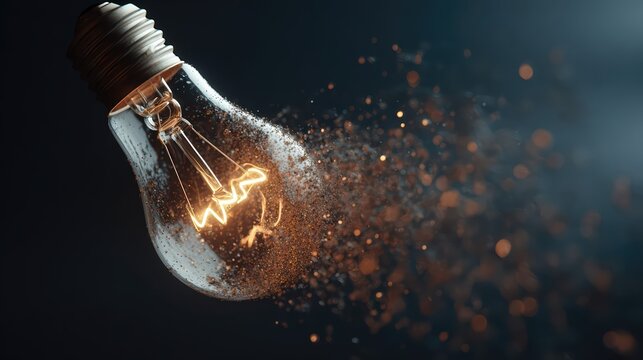 A glowing lightbulb dramatically shatters, scattering sparks and glass fragments. The image symbolizes creativity, innovation, and the sudden burst of new ideas.
