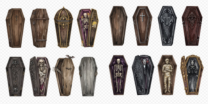 Collection of various coffins and caskets, some open with skeletons or mummies inside, isolated on a transparent background, depicting Halloween and horror themes.