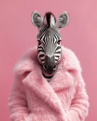 Obraz premium Confident zebra in a pink fluffy coat against a pink background, playful glamorous studio portrait