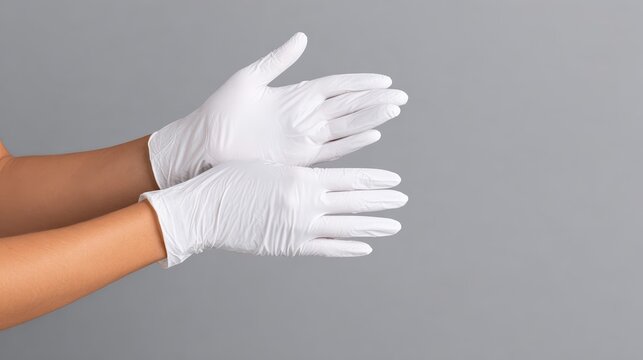Close-up of gloved hands adjusting medical gloves in bright clinical lighting. Minimalist safety scene with smooth texture and strong hygiene focus.