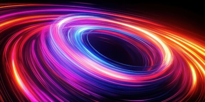 Vibrant glowing neon vortex of swirling multicolor light rings radiating energy and motion