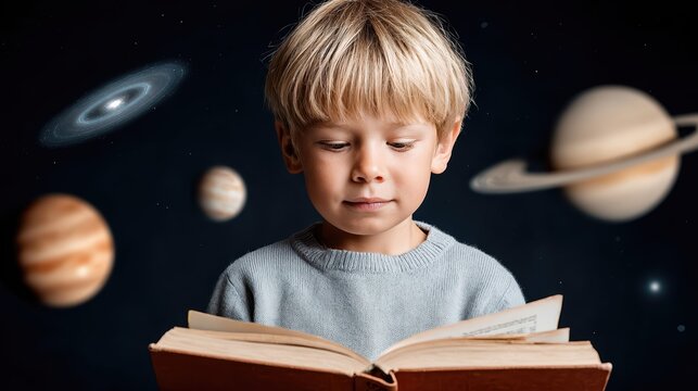 A young boy reads a book as cosmic planets and galaxies emerge from its pages. This fantasy image blends imagination and space in photorealistic, cinematic detail.