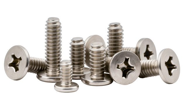 Isolated group of shiny silver metal phillips head machine screws and fasteners of various sizes