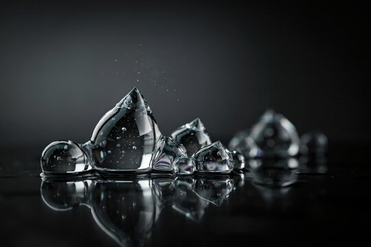 Macro view of large, clear, viscous liquid droplets with internal bubbles resting on a dark, reflective surface with dramatic lighting effects