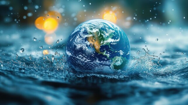 earth globe bobbing in turbulent water with splashes and droplets, blurred warm bokeh lights in the background, a surreal urgent scene conveying vulnerability and concern for the planet