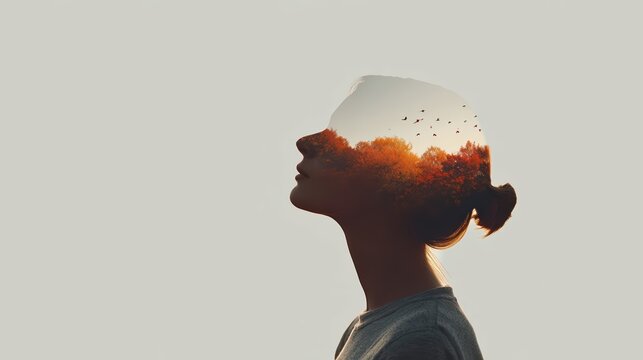 A woman's profile transforms into a vibrant landscape of forests and sky. This ultra-realistic, imaginative portrait blends nature and creativity with smooth transitions.