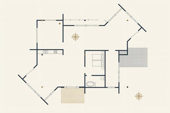 Minimalist architectural floor plan showing a single residential unit with walls, rooms, and a compass rose on a light beige background