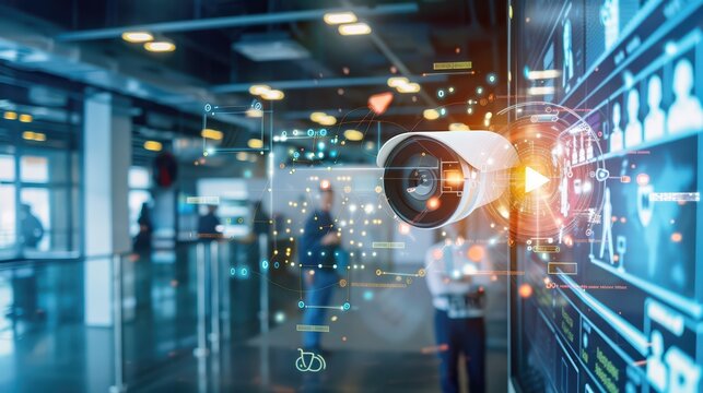 A high-tech surveillance camera monitors a modern office environment. Digital overlays and data streams highlight advanced security and monitoring technology.