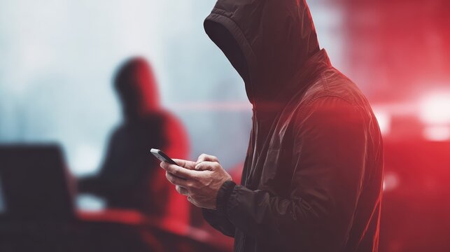 A hooded figure uses a smartphone amid dramatic red and blue lighting, evoking cyber attack themes. Digital danger and cybersecurity risk are highlighted in cinematic style.