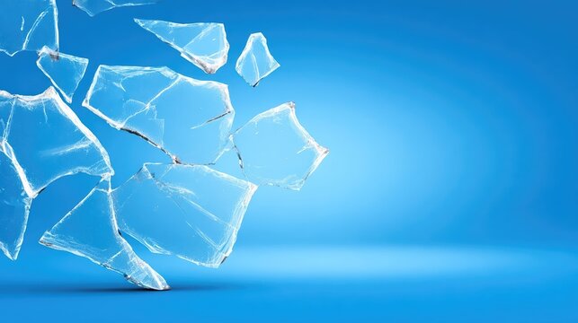 Shards of cracked glass float over a smooth blue gradient background. This elegant abstract composition features clean lines and subtle highlights for a high-end look.