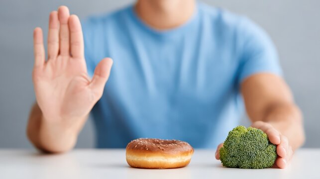 A person refuses a donut while choosing fresh broccoli, highlighting a healthy decision moment. The scene uses soft lighting and a shallow depth of field for cinematic realism.
