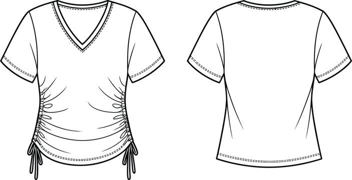 Women's v neck ruched t shirt fashion flat sketch front and back views