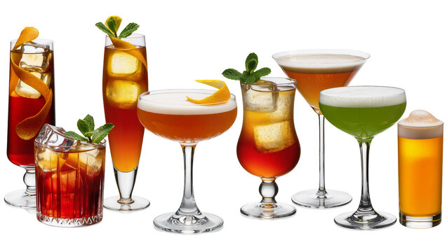 Isolated collection of diverse alcoholic cocktails with ice and garnishes in different glasses