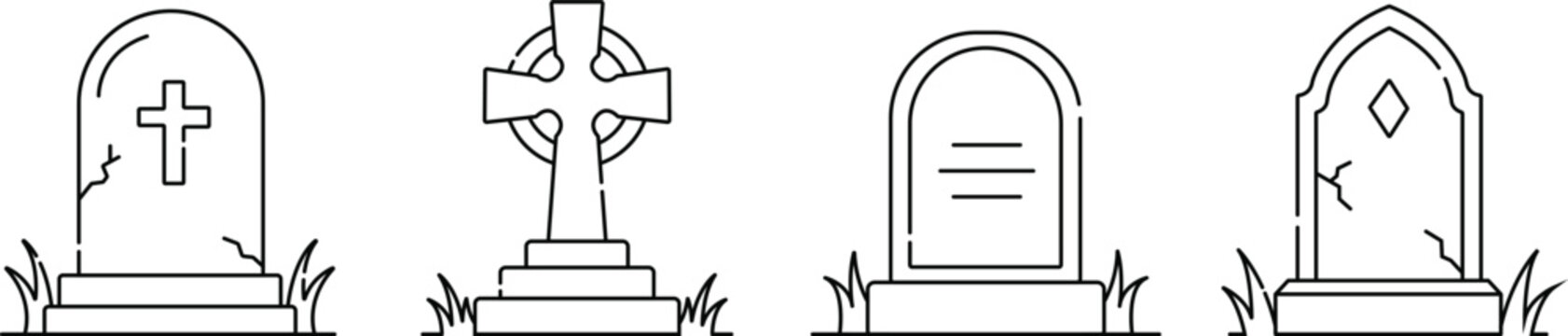 Grave Marker Icons Set Vector, Tombstone, Headstone, Cemetery Memorial and Gothic Line Art Collection