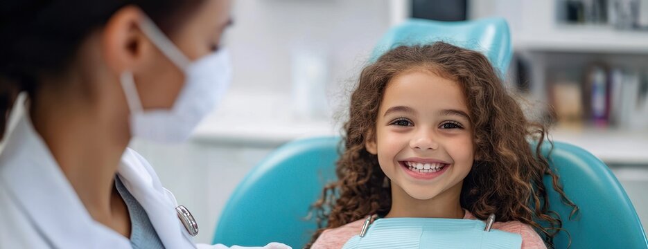 young child with curly hair seated in a turquoise dental chair wearing a bib, appearing apprehensive while a masked dental professional in a white coat attends in a bright clinic