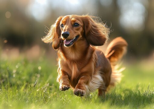 joyful long-haired dachshund running across sunlit grass with ears flying, tongue out and blurred trees in the background