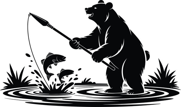 Silhouette of a bear fishing with a spear in a river