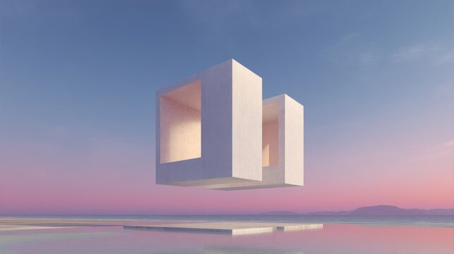 Abstract architectural scene of two interlocking white cubes hovering over a tranquil, pastel-colored landscape reflecting the sky