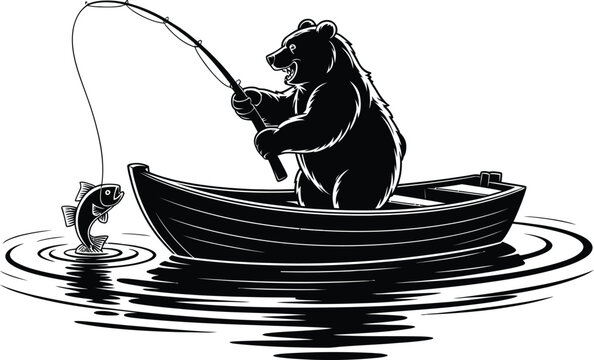 Black and white illustration of a bear fishing from a boat