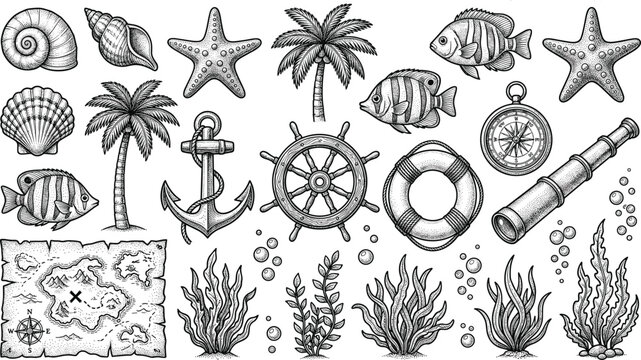Hand drawn nautical doodle collection featuring seashells fish anchor compass palm trees and marine adventure vector illustrations