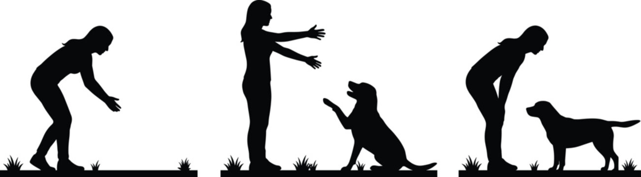 Silhouette illustration of woman interacting with dog showing affection, training, and companionship in outdoor setting with grass elements