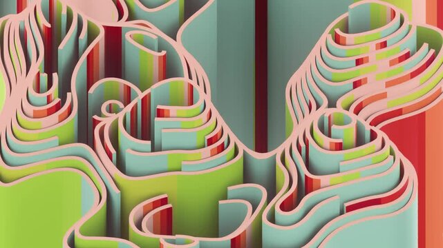 Seamless 3D loop with a vibrant topographic terrain. Colorful pastel hills and canyons smoothly pulse, creating a living organic relief and creative abstract backdrop