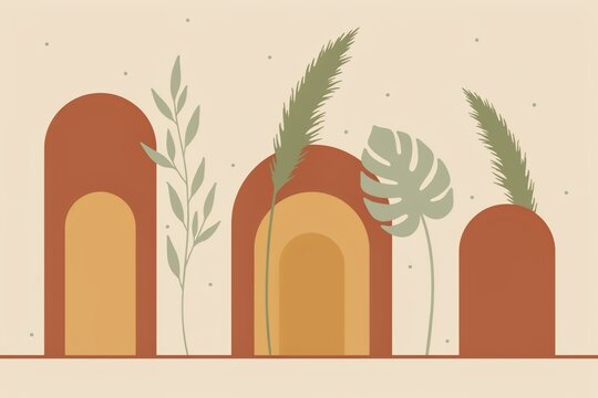 Minimalist flat featuring terracotta arches and green botanical like pampas grass and monstera leaves on beige