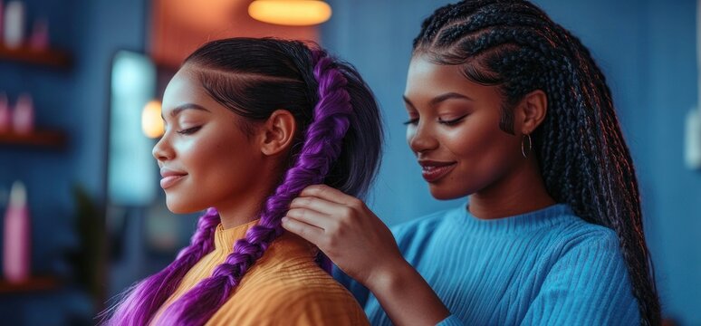Two people in a cozy room, one wearing a blue sweater carefully braiding vibrant purple hair of the other in a focused, caring moment with warm lamp light
