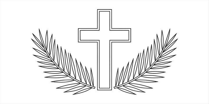 Christian cross symbol with palm branches for easter and religious celebration line art icon