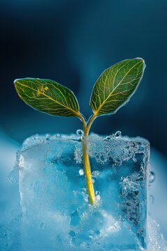 Tiny green seedling with two veined leaves emerging through a melting ice cube with water droplets, conveying resilience and hopeful renewal