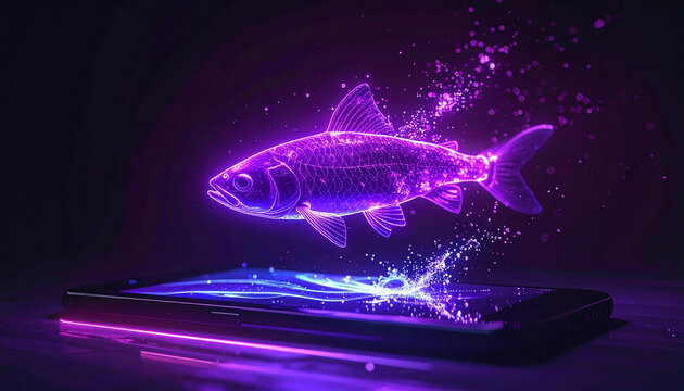 Neon fish emerging from mobile device with sparkling effect on dark background
