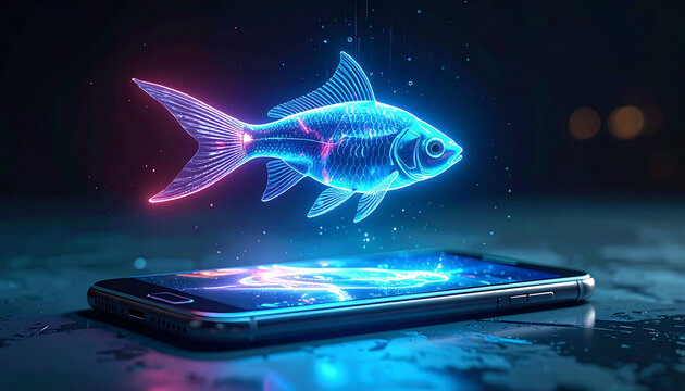 Neon fish emerging from smart phone screen digital art concept