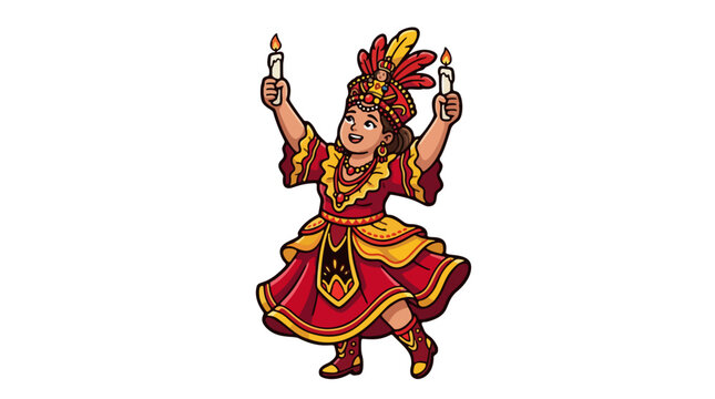 Sinulog festival dancer in traditional colorful red costume holding candles vector illustration