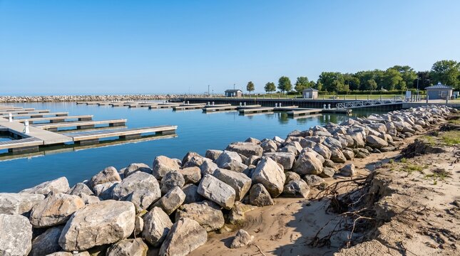 Marina shoreline erosion, Riprap coastal protection, Super El Ni&ntilde;o wave impact, Harbor resilience scene, Clean waterfront photo