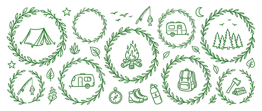 Hand-Drawn Camping Icons in Leafy Wreaths