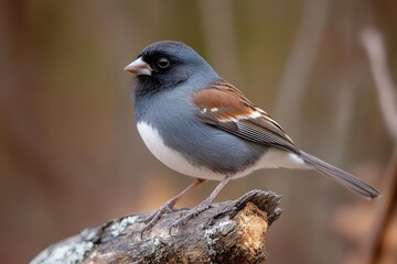 Fototapeta premium small dark-headed songbird with gray back, white belly and brown wing patches perched on lichen-covered branch, serene calm expression