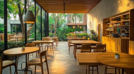 Obraz premium Sunlit minimalist wooden cafe interior with round and rectangular tables, chairs, hanging pendant lights, glass wall opening to lush garden and potted plants creating a warm peaceful atmosphere