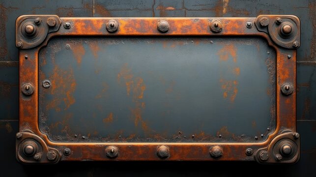 rusted bolted metal panel with riveted frame and worn dark center conveying a rugged, aged industrial mood