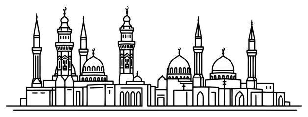 Islamic mosque skyline with minarets and domes in minimalist line art style Ramadan concept vector © Luka